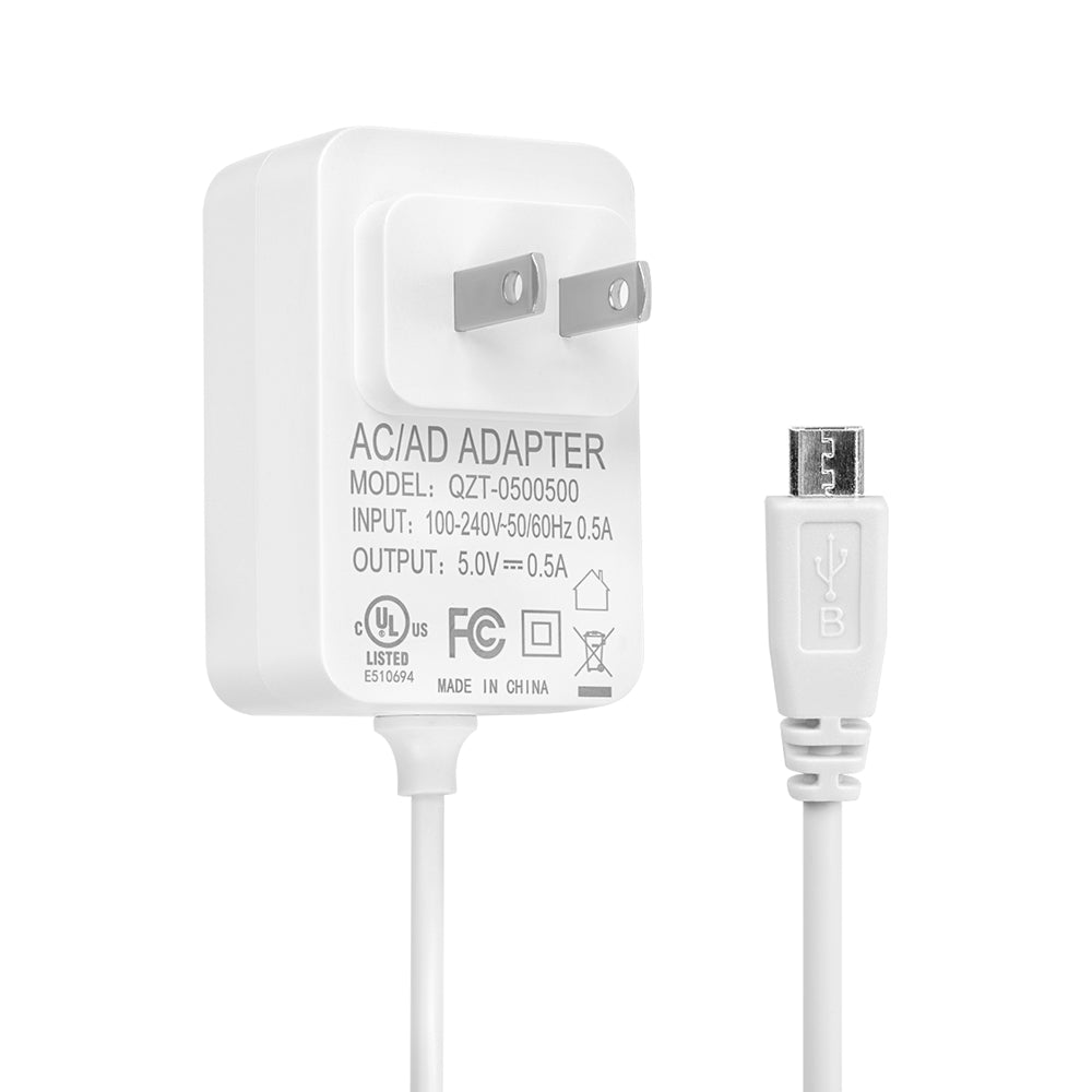 Micro USB Power Supply (5 V, 0.5 A), White close-up showing the adapter plug and micro USB connector