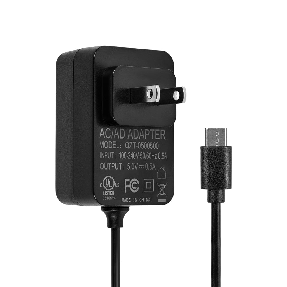 USB C Power Supply (5 V, 0.5 A), Black close-up view showing the plug and USB C connection on the cable