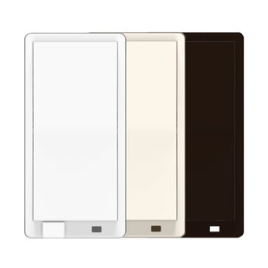 Three dimmer replacement paddles in white, light almond, and black on a white background