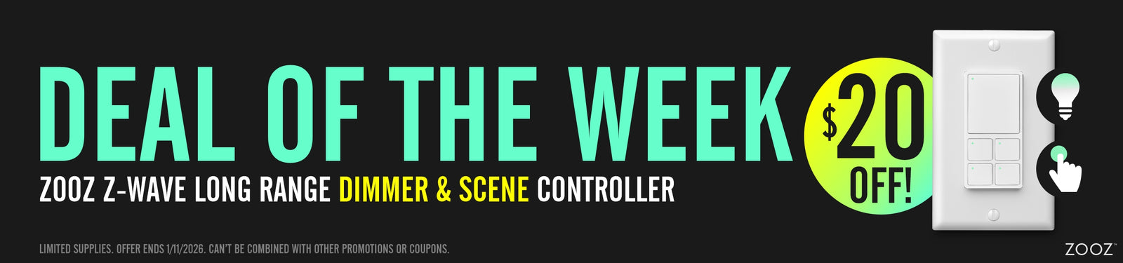 Promotional banner for a Z-Wave long range dimmer and scene controller with a $20 off deal.
