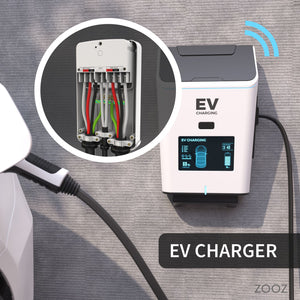 EV charger with close-up of connectors in the Zooz Z-Wave Long Range High Power Relay ZEN78 800LR.