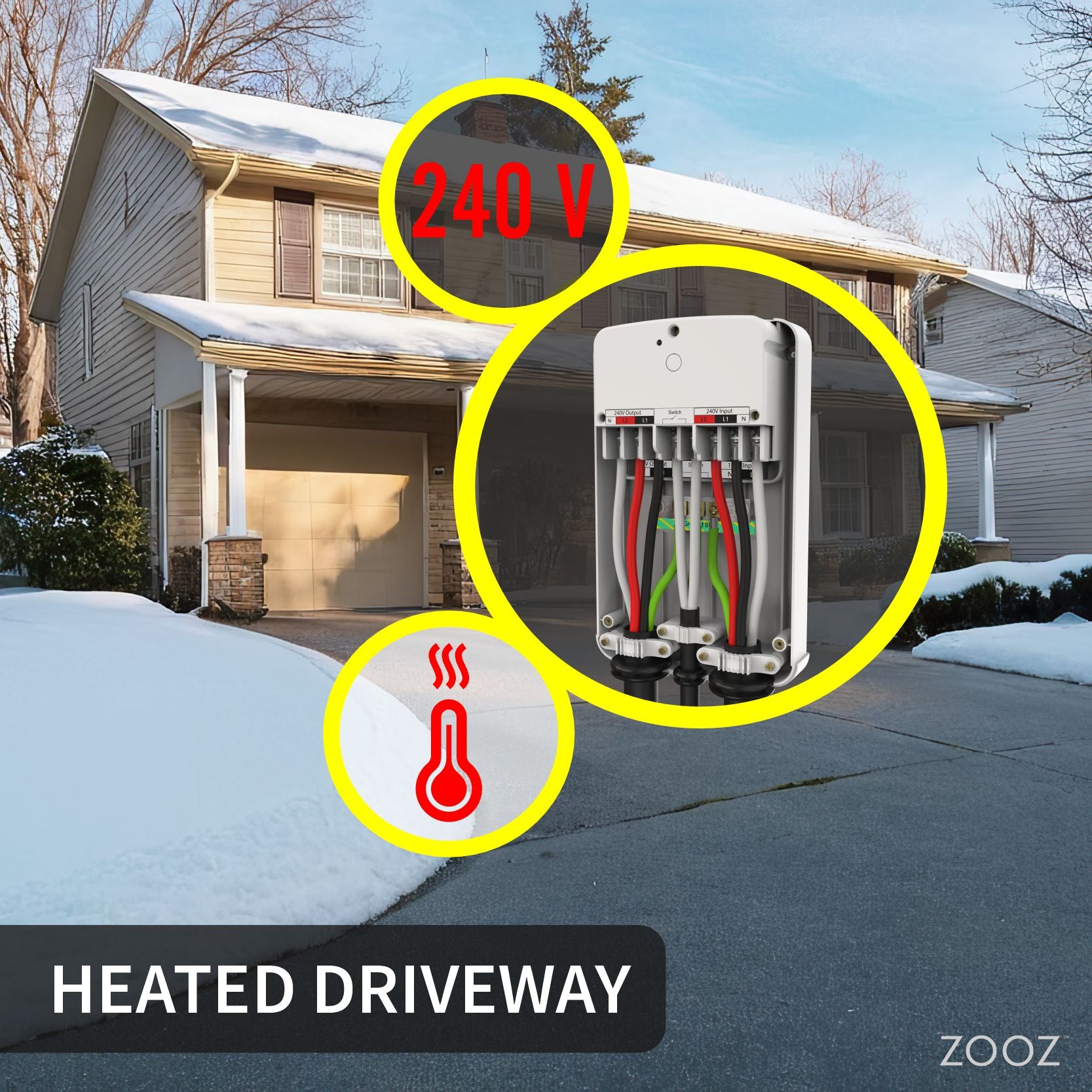 Zooz Z-Wave Long Range High Power Relay ZEN78 800LR showcasing the use case of a heated driveway system with a house in the background