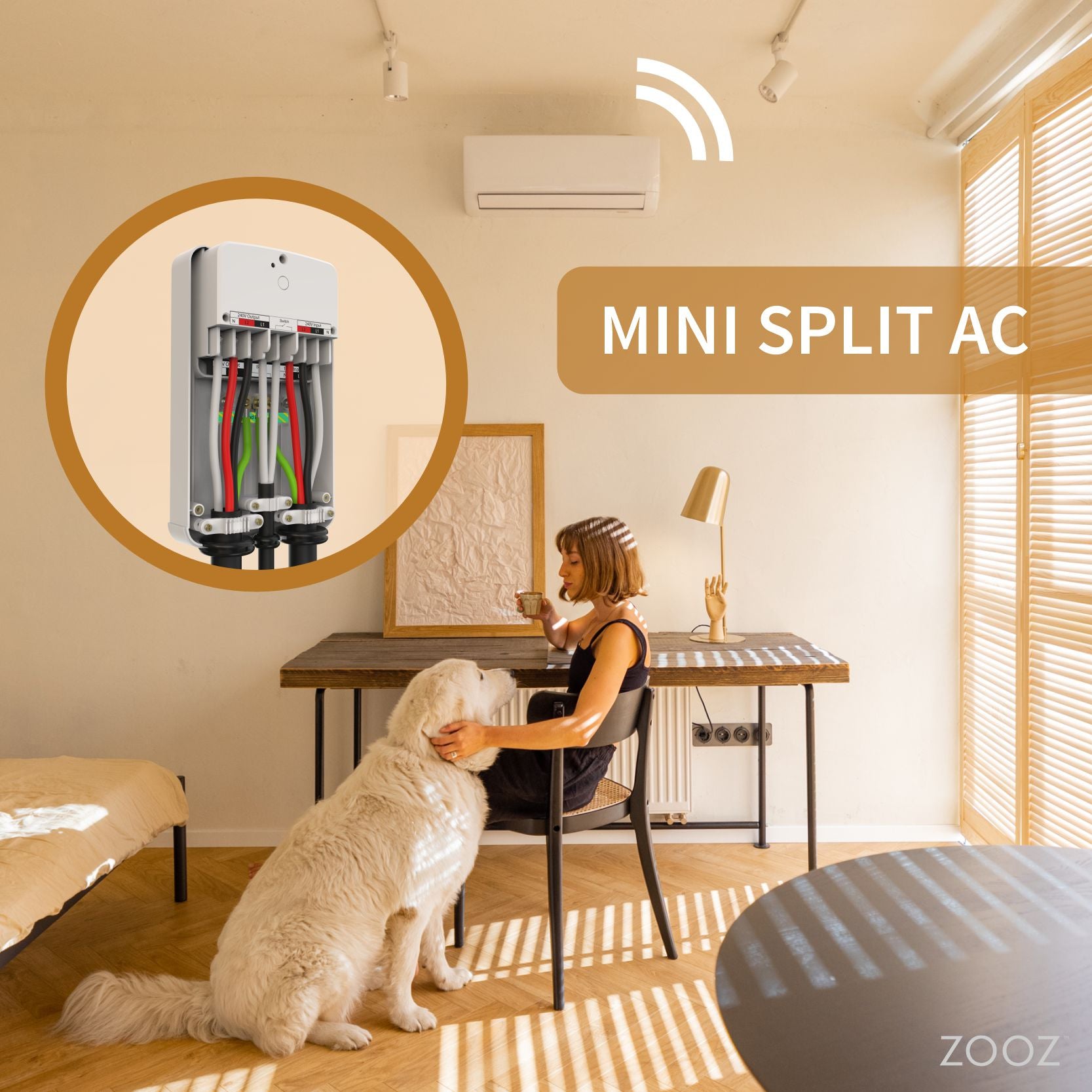 Woman with a dog in a room with a mini split AC unit and close-up of the components of the Zooz Z-Wave Long Range High Power Relay ZEN78 800LR.