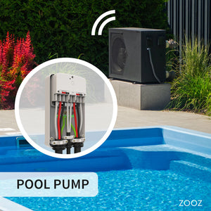 Pool pump with wiring inside of the Zooz Z-Wave Long Range High Power Relay ZEN78 800LR and pool in background