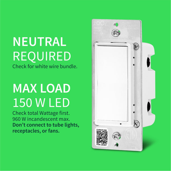 Zooz 800 Series ZWave Long Range On / Off Light Switch ZEN71 800LR