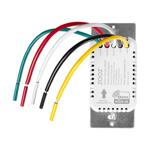 A ZOOZ brand Motion Dimmer device in back view with five colored wires (green, red, white, yellow, and black) attached to the back of the switch on a white background.