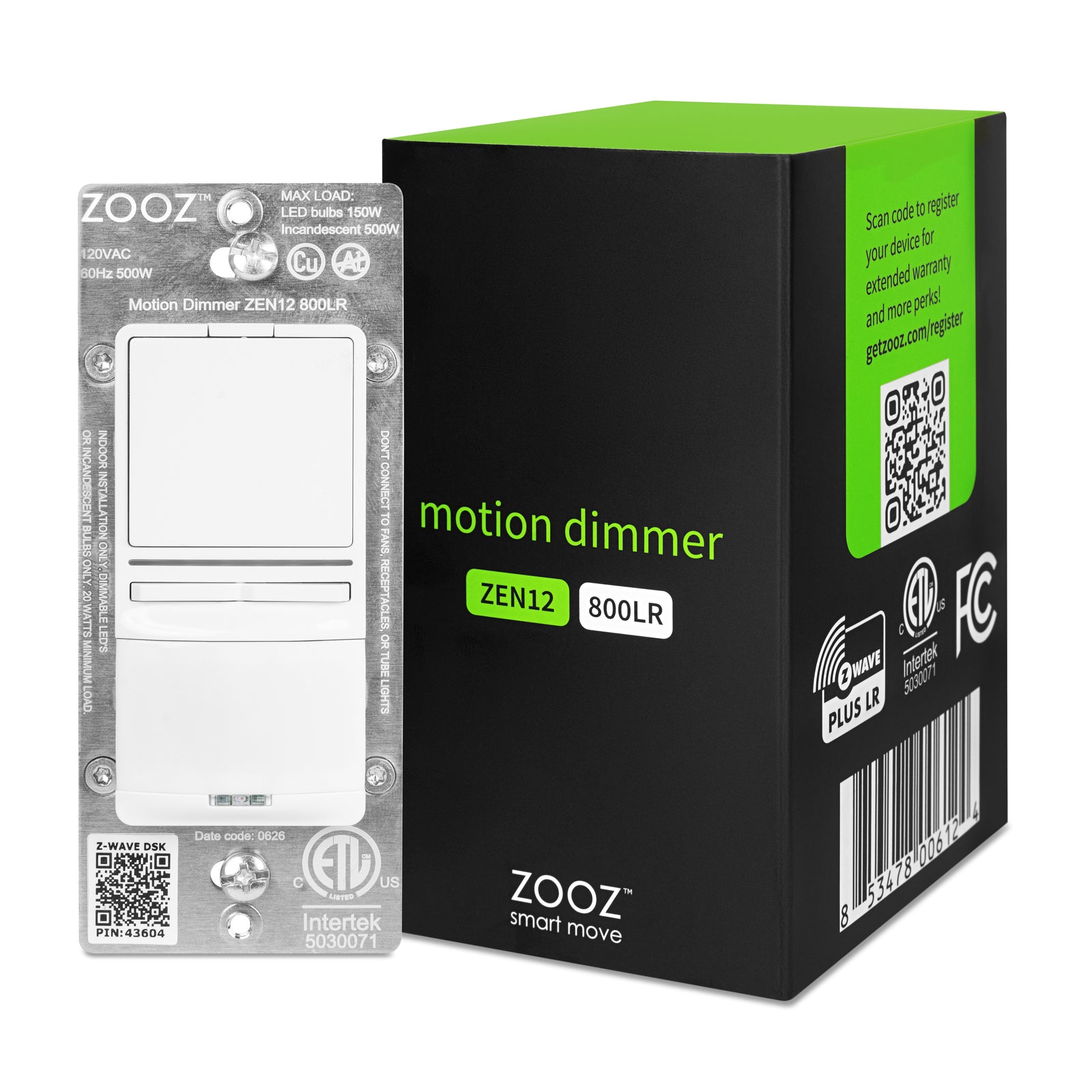 ZOOZ Zen12 800LR motion dimmer switch shown in its metal backplate packaging next to its black and green retail box.