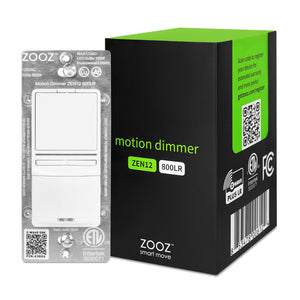 ZOOZ Zen12 800LR motion dimmer switch shown in its metal backplate packaging next to its black and green retail box.