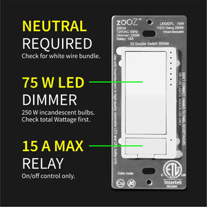 Zooz Z-Wave Plus S2 Double Switch ZEN30 Technical Specifications