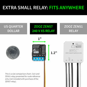 Comparison chart of ZOOZ ZEN57 and ZEN51 relays with a US quarter for scale, showing their sizes.
