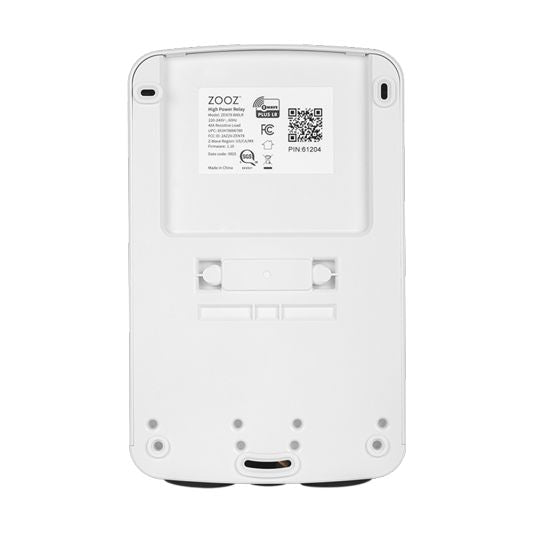 Back view of the Zooz Z-Wave Long Range High Power Relay ZEN78 800LR with branding and certification labels on a white background