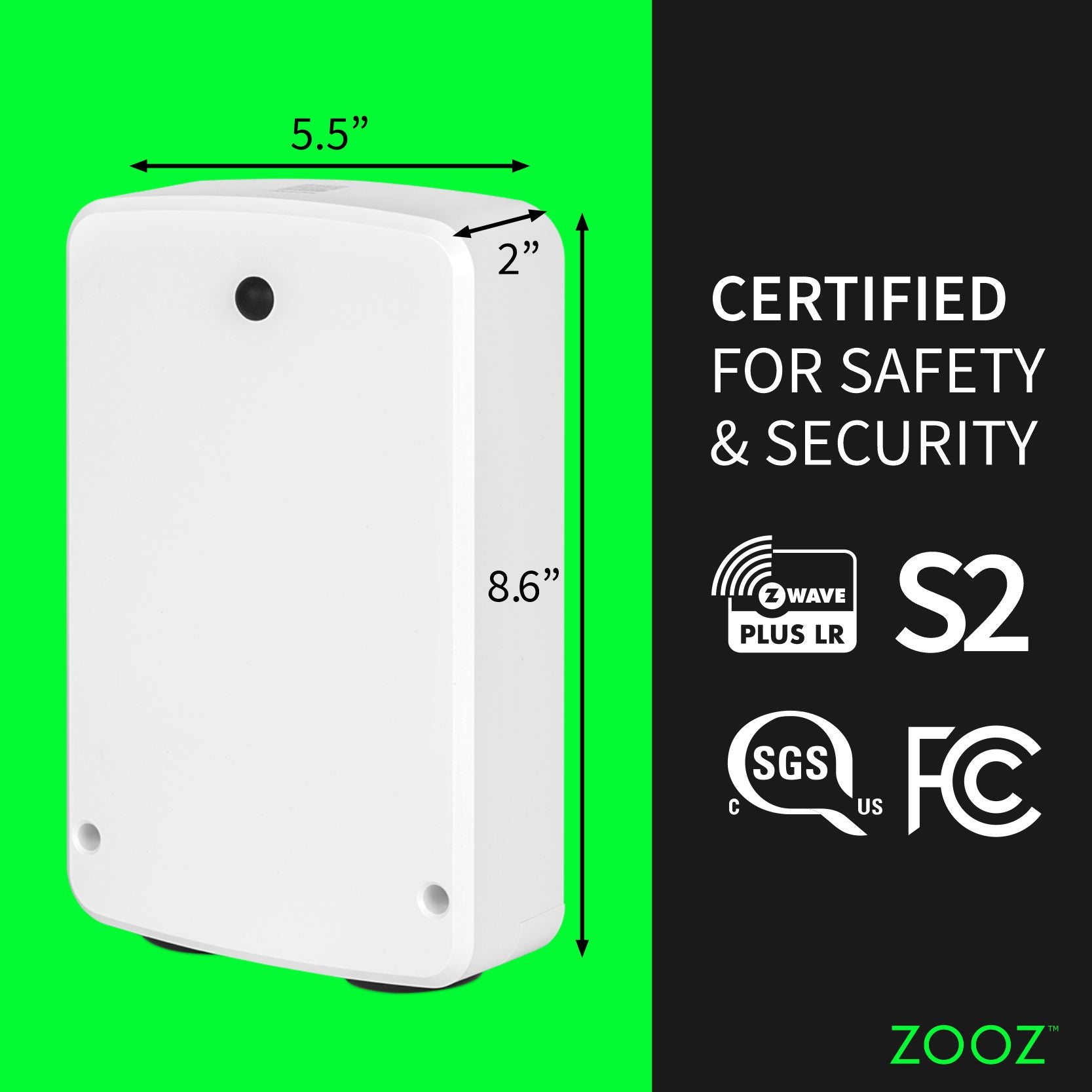 Zooz Z-Wave Long Range High Power Relay ZEN78 800LR with dimensions on a green background, featuring certification logos on a black background.