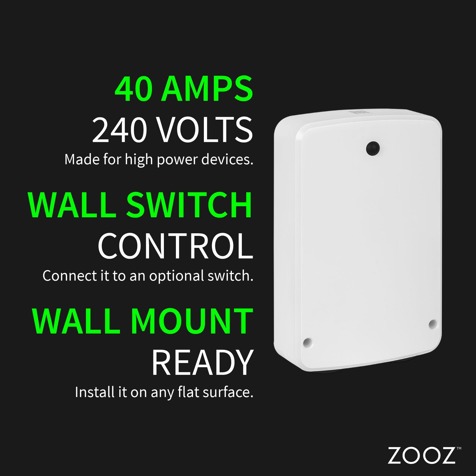 White wall switch control with specifications on a black background.