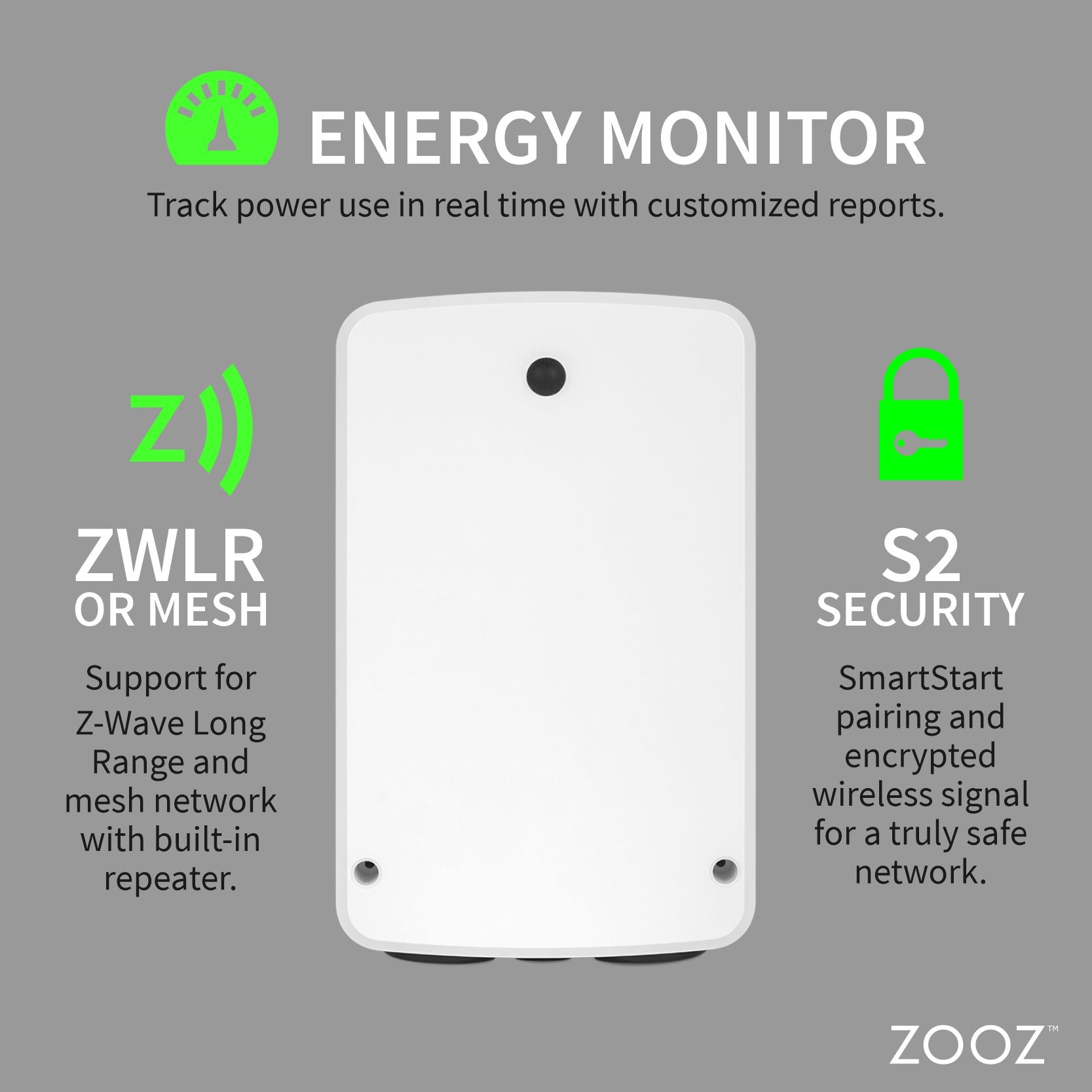 Zooz Z-Wave Long Range High Power Relay ZEN78 800LR Energy monitor with features highlighted on a gray background