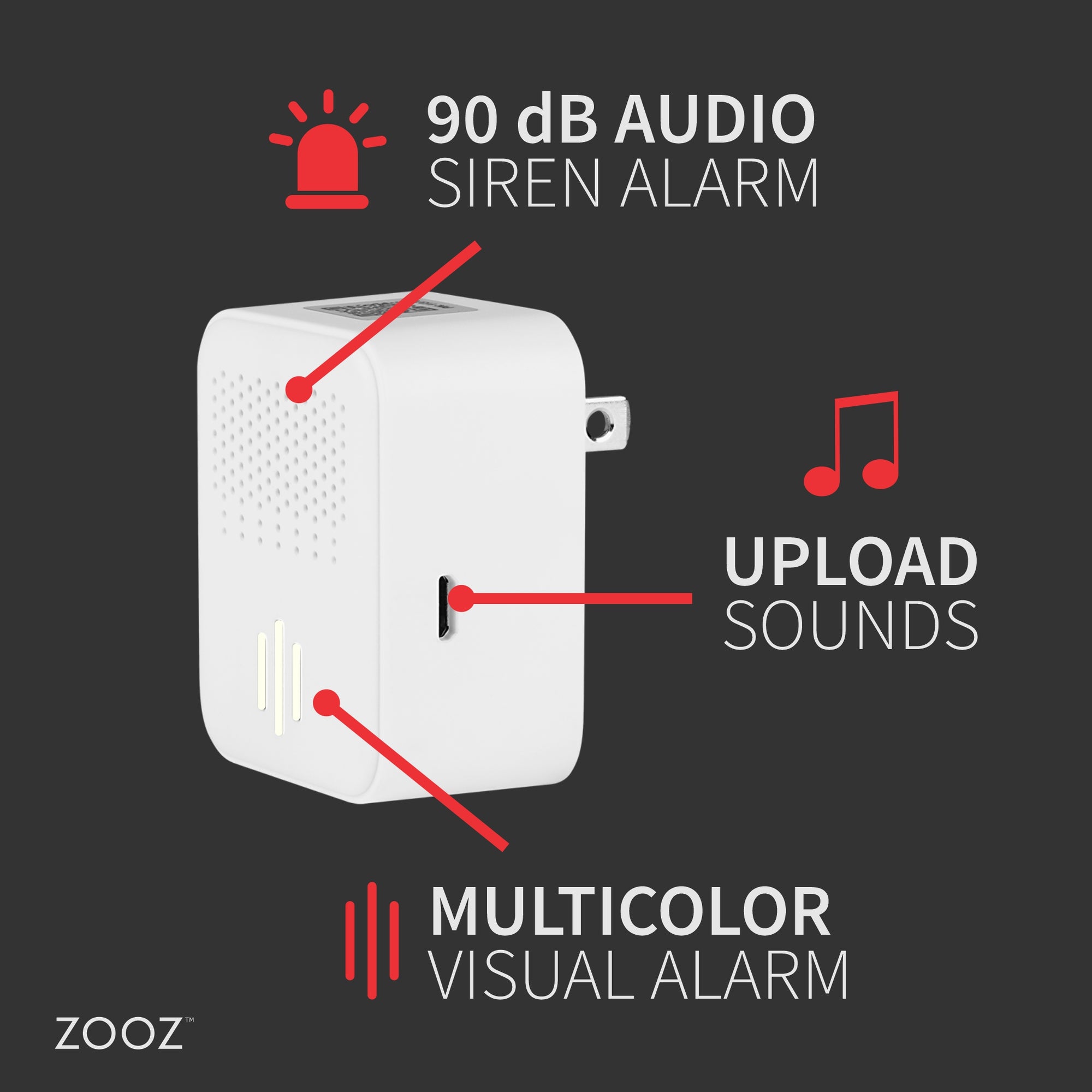 Zooz Z-Wave Long Range Siren & Chime ZSE50 800LR Slide with Main Features