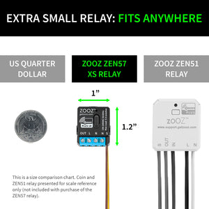 Zooz Z-Wave Long Range 240V XS Relay ZEN57 800LR Size comparison with US quarter dollar coin and Zooz ZEN51 relay